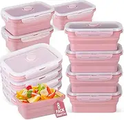 [Mifoci] Set of 8 Silicone Collapsible Food Storage Containers 17 oz Collapsible Meal Prep Container Square Collapsible Bowl with Vent Lids, Microwave, Freezer and Dishwasher Safe (Bean Paste Pink)