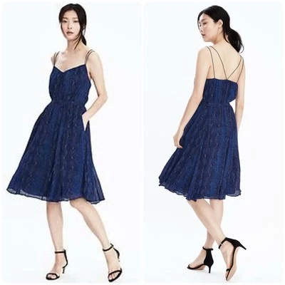 Banana Republic Navy Snake Print StrappyCrossback Fit & Flare Sheer Dress Sz S