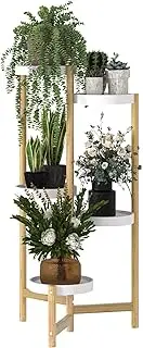 5-Tier Bamboo Plant Stand: Indoor Corner Potted Flower Display Shelf Holder Nordic Style Plants Rack Ladder with White Shelves for Living Room Bedroom Balcony Patio Garden Decoration