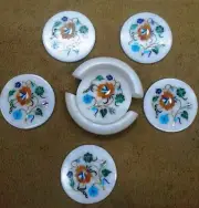 4.5 Inches Round Marble Tea Coaster Set Semi Precious Stone Inlay Work Cup Mat