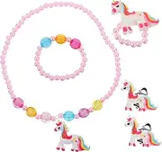 [GETAJGHSD] 4 Piece Children's Jewelry Set Necklace Bracelet Ring Earring Girl Unicorn Jewelry Kit Party Wear