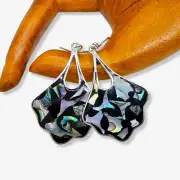 Mexican Iridescent Abalone Shell Mosaic Fan Shaped Earrings Black Jewellery