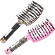 TAVVKE Boar Bristle Hair Brush set - Curved and Vented for Wet and Dry Detangling Hair Brush for Women Long, Thick, Thin, Curly & Tangled Hair Vent Brush (Gold, Pink)