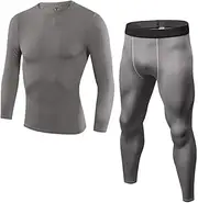 [Abigprofit] Men's Compression Sportswear Sport Suit Autumn Winter Warm 2 Piece Rashguard Thermal Compression Grey Set XL