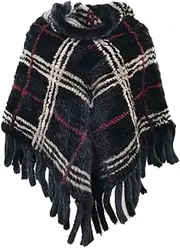 [Generic] Women Natural Mink Fur Poncho Pullover Knitted high Collar Sleeveless Sweater Check Pattern with Tassels