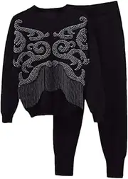 [Generic] Women's Beaded Tassels Loose Knitted Tracksuit Outfits O Neck Long Sleeve Pullover Pencil Pants 2PC Sets