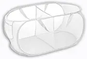 Collapsible Laundry Baskets, Pop Up Laundry Hamper, Collapsible Mesh Dirty Clothes Hamper, Clothes Storage Basket with 2 Compartments and Side Pockets for Store Clothes Sundries (White-A)