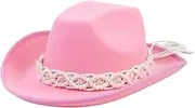 [SUXINRY] Cowboy Hat Fedoras with Braided Belt Wide Brimmed Hat for Women Man Casual Wear Western Fedoras Man Women Wear