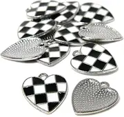 [Bedazzlinbeads] 12 Black & White Checkered Racing Flag Heart Shaped Silver & Enamel Race Finish Silver Metal Charms, Non-Precious Metal, No Gemstone