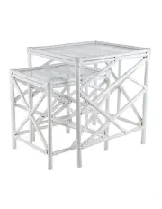 [MAINE & CRAWFORD] Berdine Rattan Side Table with Glass Top 2 Piece 40/45cm in White
