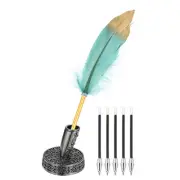 Dark Green Feather Ballpoint Pens, Writing Pens with 5pcs Refill, Black