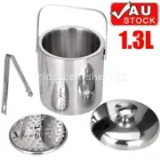 1.3L Stainless Steel Double Wall Ice Bucket+Handle+Insulated Lid & Ice Tongs AUS