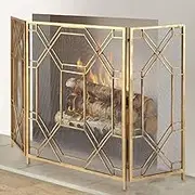 Protection FireGuard Screen Gold Fireplace Screen with 3 Panel, Baby Safe Proof Fence Ironguard Cover, Outdoor Fireplace Tools