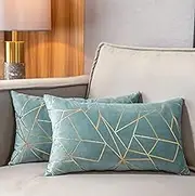YONGLIU Pack of 2 Soft Velvet Lumbar Throw Pillow Covers DecorativeGold Foil Geometric Pattern Cute Cushion Case for Modern Homes Couch Living Room Sofa Bedroom Car (Light Blue and Gold, 12“X20”)