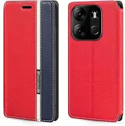[Shantime] Classic Stripes Faux Leather Flip Case Compatible with Tecno Spark Go 2023, Invisible Magnetic Cover with Card Slot, Contrast Color Design(Red)