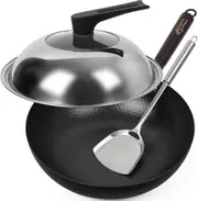 12.5 Inch Carbon Steel Wok for Electric, Induction and Gas Stoves (Lid)