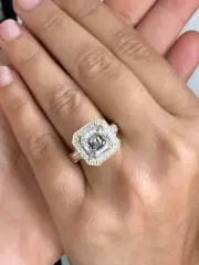 Asscher Cut Moissanite Engagement Ring Bezel Halo 14k Solid Yellow Gold 4.60ctw