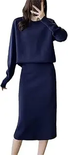 [keusyoi] Solid Knitted Two Piece Sets Women Outfits Elegant Raglan Sleeve Loose Sweater And Split Mid Skirt Sets