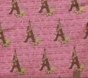 Pack Your Bags Eiffel Tower pink brown writing Moda fabric
