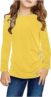 [Generic] Top Girls Age 6 Top Shirt Solid Color Button Casual Tunic Top Long Sleeve Loose Crewneck Blouse T-Shirt Tee 5t Girl Shirts