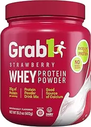 GRAB1 Whey Protein Powder, Strawberry Whey Powder, 15.2 oz | 25g Protein Per Serving | No Added Sugar, Good Source of Calcium | Kosher Dairy Cholov Yisroel Protein Powder | Smooth & Creamy
