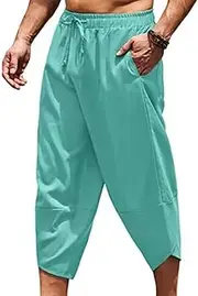 [JEShifangjiusu] Men's Lightweight Loose 3/4 Shorts Pants Linen Harem Capri Pants Drawstring Elastic Waist Casual Yoga Trousers