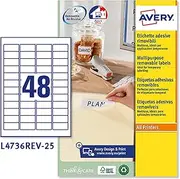 Avery L4736REV-25 Self-Adhesive Removable Mini Labels, 48 Labels Per A4 Sheet - White, 45,7 x 21,2 mm