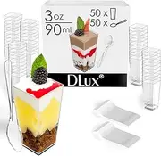 DLux Mini Dessert Cups with Spoons (90 ml x 50 Pcs) Clear Plastic Parfait Appetizer Cups, Square Tall 3 oz Small Reusable Bowl for Party Desserts Appetizers - with Recipe Ebook