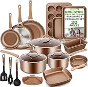 20-Piece Nonstick Kitchen Cookware Set - PTFE/PFOA/PFOS-Free Heat Resistant Kitchen Ware Pots Baking Pan Set w/Saucepan, Frying Pans, Cooking Pots, Oven Pot, Lids, Matt Gold NutriChef