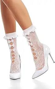 [Violet Mist] Ruffle Fishnet Ankle Socks for Women Teen Girls Cute Frilly Bows Lace Anklet Hollow Out Mesh Dress Crew Socks