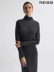 Reiss Charcoal Cady Petite Knitted Roll Neck Midi Dress (717377) | $380