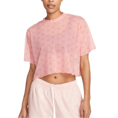 Nike Air Mesh Crop Top DV8245-611 Size XS Pink Logo AOP Lettuce Edge Hem Sheer