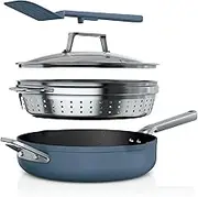 Ninja CW102BL Foodi NeverStick PossiblePan, Premium Set with 4-Quart Capacity Pan, Steamer/Strainer Basket, Glass Lid & Integrated Spatula, Nonstick, Durable & Oven Safe to 500°F, Macaron Blue