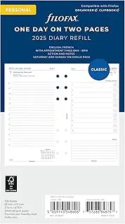 Filofax Calendar Diary Refill, Personal/Compact Size, Day on Two Pages with Appointments, White Paper, Bilingual, 2025 (C68417-25)