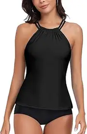 [WOWENY] Womens Swim Tankini Tops Only High Neck Bathing Suit Tops Slim Fit Swim Tops UPF 50+ Tummy Control Swimsuits No Bottom