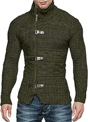 [DGHM-JLMY] High Neck Sweater For Men Leather Buckle Long Sleeve Knitted Cardigan Coat Fit Zip Up Open Front Knit Sweaters