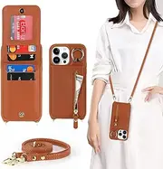 Cavor Vertical Flip Cover for iPhone 12 Pro Max Leather Case iPhone 13 Pro Max Case 6.7'' Crossbody Wallet Card Slots with 360°Rotation Ring Holder Kickstand & Long Shoulder Lanyard Strap-Brown