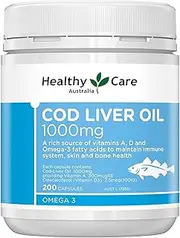 Healthy Care Cod Liver Oil Capsules - Supports Immune System, Bone & Skin Health - Premium Quality Dietary Supplement - 200 Capsules - 1000 mg