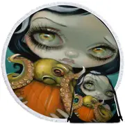 Halloween Gothic Girl Hold Pumpkin with Octopus Round Beach Towel