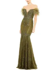 Mac Duggal Feathered Crystal Embellished Mermaid Gown