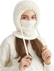 [KEOYA] Women's Knit One-Piece Hat with Scarf Elastic Face Mask Fleece Balaclava with Drawstring Winter Warm Ski Beanie Cap