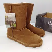 BEARPAW Elle Short Hickory Tan Suede Boots Womens Size 7 Slip On 1962W NeverWet