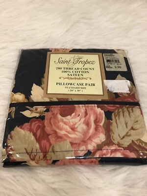 NEW Saint Tropez Floral Blue Sateen Standard Pillow Case Set Pair Cottage Vtg