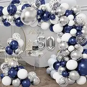 Navy Blue Silver Balloons Garland Arch Kit, 147Pcs Blue Silver White Confetti Party Balloons Arch Different Sizes For Graduation Wedding Anniversary Birthday Party Decorations (Blue Silvery)