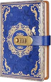 Shesyuki Vintage Leather Notebook with Lock, Exquisite Stamping Pattern Floral Diary, A5 Notebook, Lock Diary Planner Organizer for Men and Women - Blue