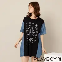 在飛比找momo購物網優惠-【PLAYBOY】牛仔拼接造型長上衣(黑色)