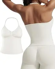 [Adamotto] Workout Tank Tops for Women with Paded Impact Longline Halter V-Neck Open Back Athletic Top for Gym Yoga Casual Tops