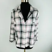 Victoria's Secret Pink Gray White Silver Plaid Light Flannel PJ Pajama Top M New