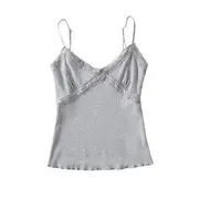 Plain Lace Trim Crop Cami Top Gray - M