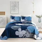 3 Pieces Navy Blue Floral Pattern Quilts Set Queen Size - Reversible Microfiber Boho Flowers Pattern Coverlet Bedding Set with 2 Pillowcases, All Season Lightweight Quilted Bedspread (96"x 90", Navy)